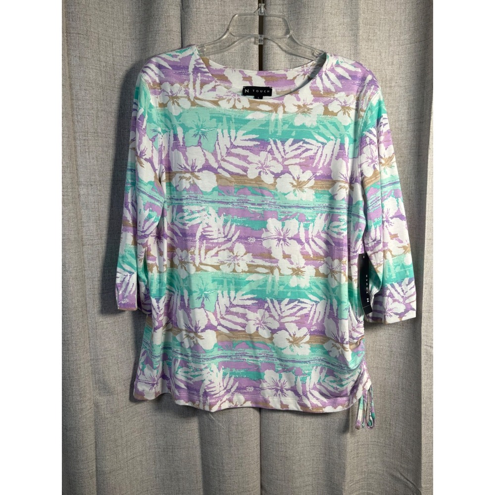 N Touch Womens Tropical Floral 3/4 Sleeve Side Cinch Top Purple Teal Large
